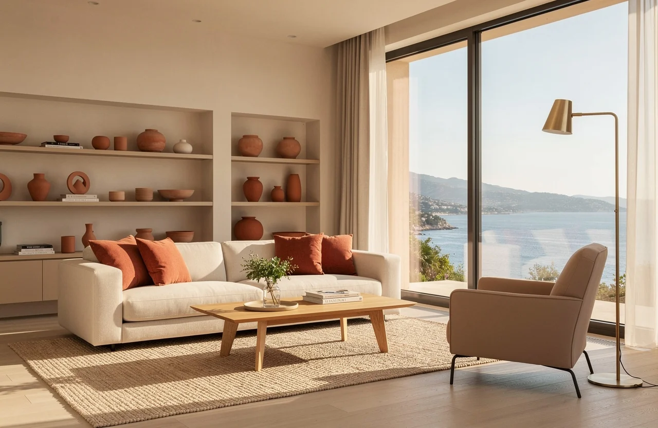 Intérieur lumineux d'un appartement face à la Côte d'Azur