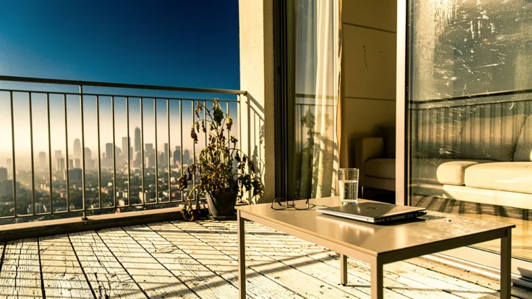 Balcon d'appartement surexposé au soleil, symbolisant un été perdu à cause d'une mauvaise orientation