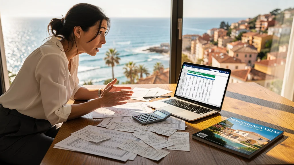Femme réalisant l’erreur sur la taxe foncière azuréenne dans un bureau lumineux face à la mer