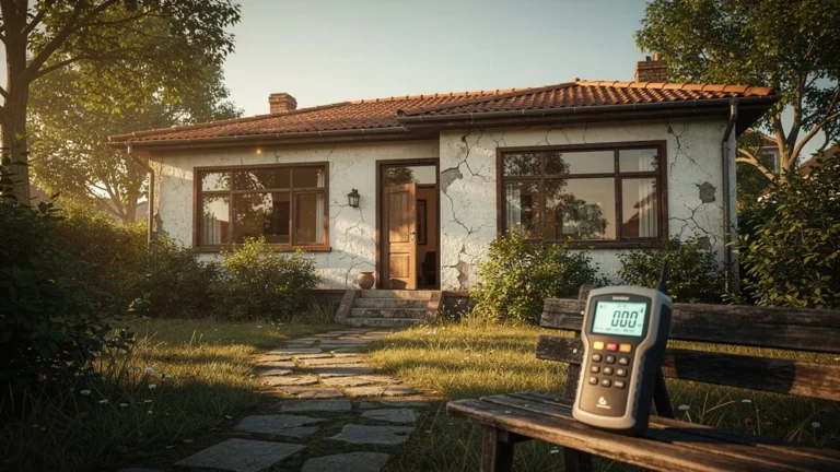 Villa des années 70 avec diagnostic énergétique en lumière naturelle, ambiance nostalgique et détails ultra-réalistes