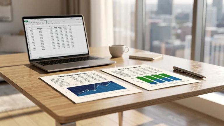 Deux méthodes de calcul de rendement illustrées par documents financiers sur une table dans un appartement moderne