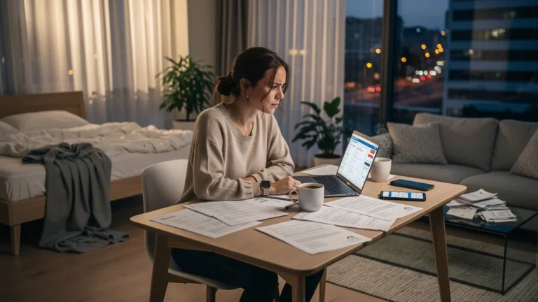 Femme de 38 ans gérant un bail meublé dans un appartement moderne, ambiance réaliste et professionnelle