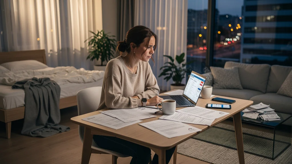 Femme de 38 ans gérant un bail meublé dans un appartement moderne, ambiance réaliste et professionnelle