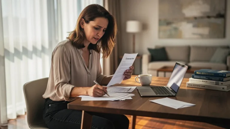 Femme regrettant d'avoir signé sans lire le règlement de copropriété, ambiance intérieure réaliste