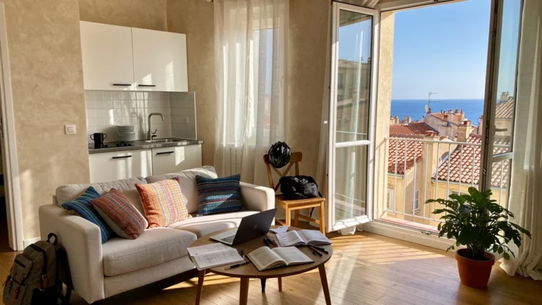 Appartement trois-pièces lumineux à Nice pour colocation étudiante, ambiance chaleureuse et moderne