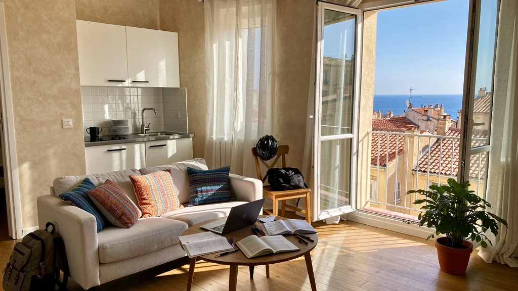 Appartement trois-pièces lumineux à Nice pour colocation étudiante, ambiance chaleureuse et moderne