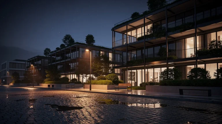 Vue nocturne hyper-réaliste révélant les détails cachés d’un immeuble moderne après la pluie