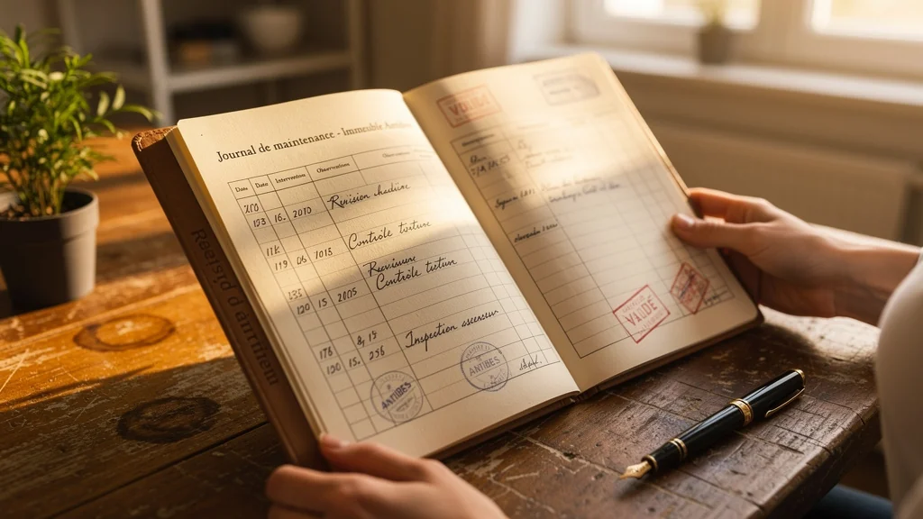 Le carnet d'entretien d'un immeuble antibois ouvert avec notes manuscrites détaillées en lumière naturelle