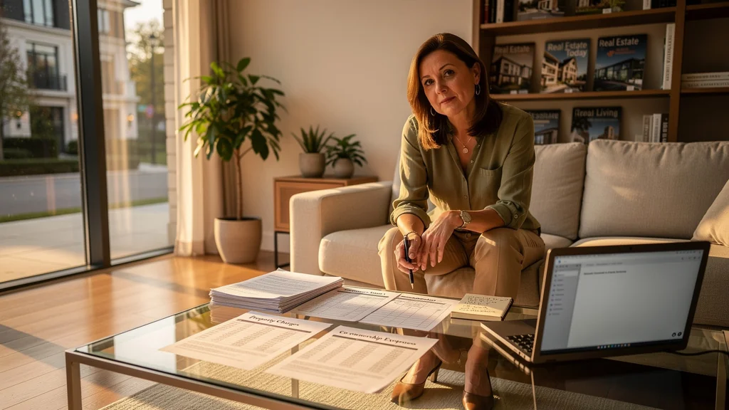 Femme en pleine analyse des charges de copropriété dans un salon moderne baigné de lumière naturelle