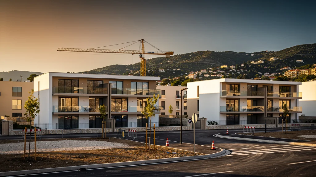 Vue réaliste d’un nouveau quartier périphérique de Nice avec bâtiments modernes et ambiance lumineuse dorée