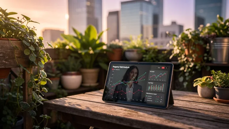 Toit-terrasse urbain avec jardin et tablette affichant graphiques sur rendement des petites surfaces immobilières
