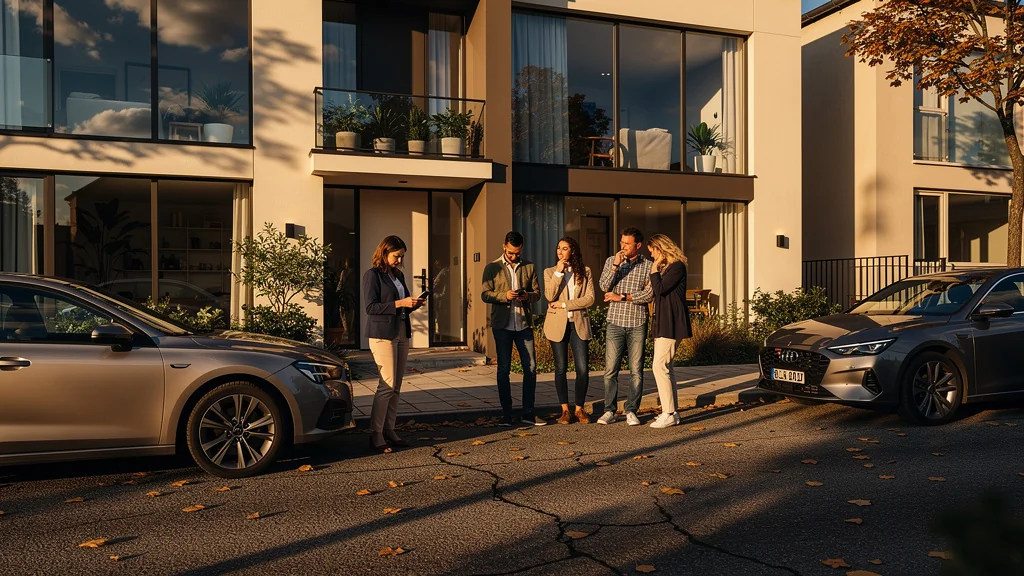 Scène réaliste d'une visite groupée immobilière montrant les limites pour les vendeurs en milieu urbain moderne