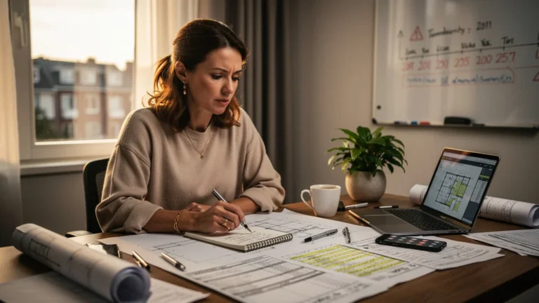 Femme réfléchissant devant plans de travaux non vérifiés, illustrant la plus grosse erreur en immobilier