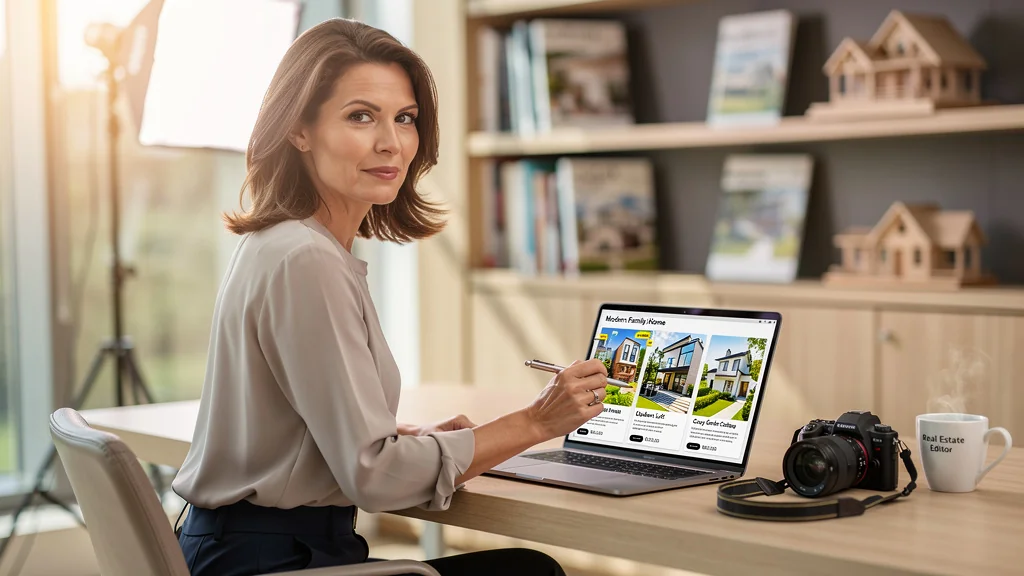 Femme rédactrice immobilier relançant trois annonces avec photos refaites, bureau moderne et lumière naturelle