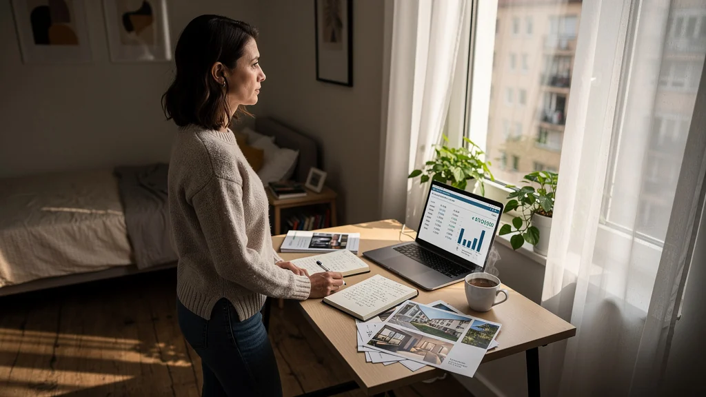 Femme réfléchissant dans un studio urbain sur revenu locatif inférieur aux attentes annuel