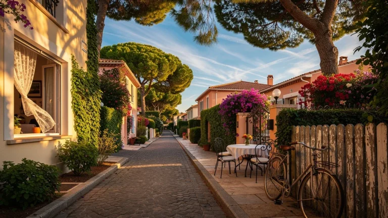 Rue paisible à Juan-les-Pins avec villas colorées et ambiance méditerranéenne chaleureuse